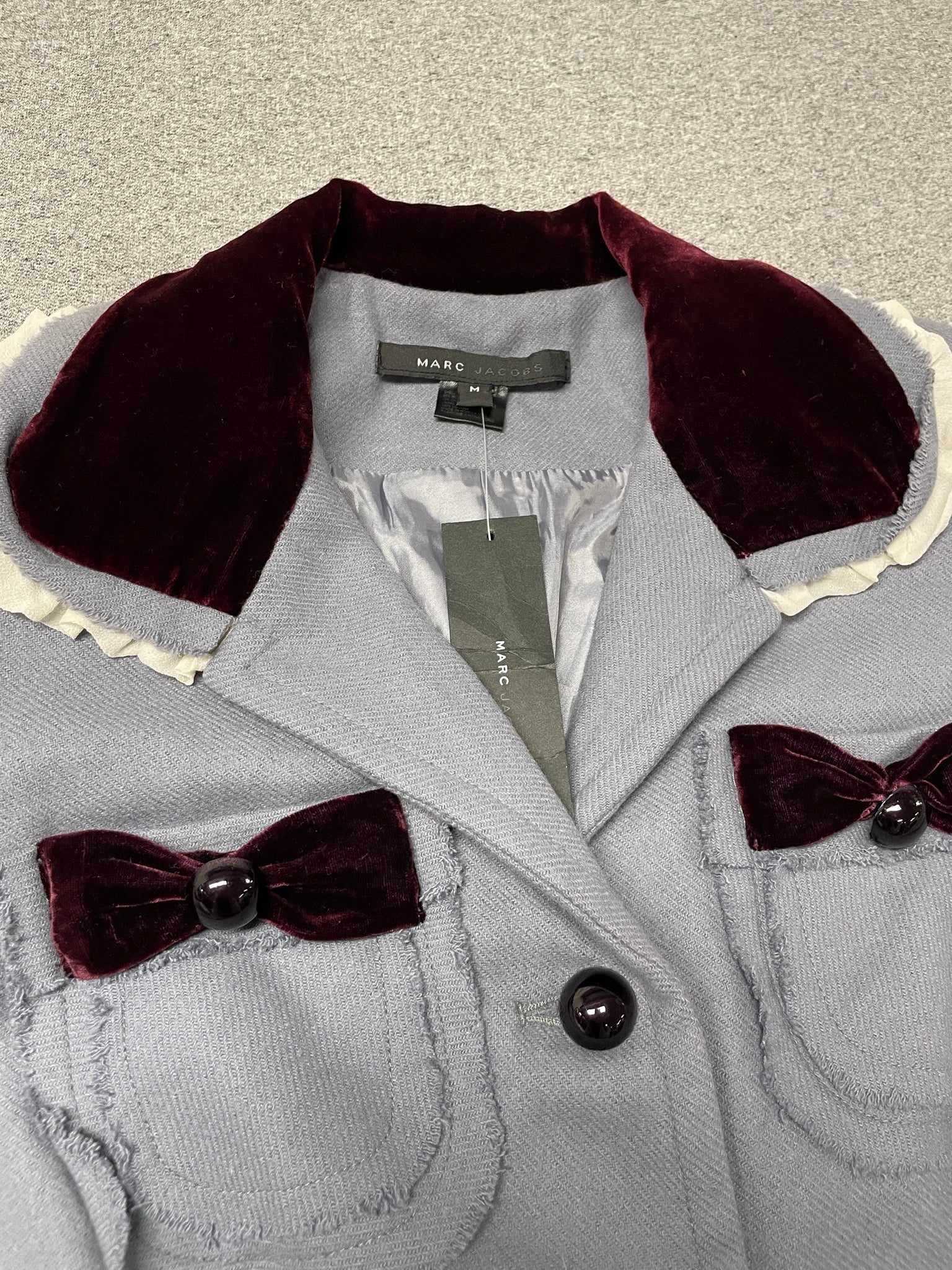 Vintage Marc Jacobs Grey Coat — Velvet Bows & Ruffle Trim (NWT)