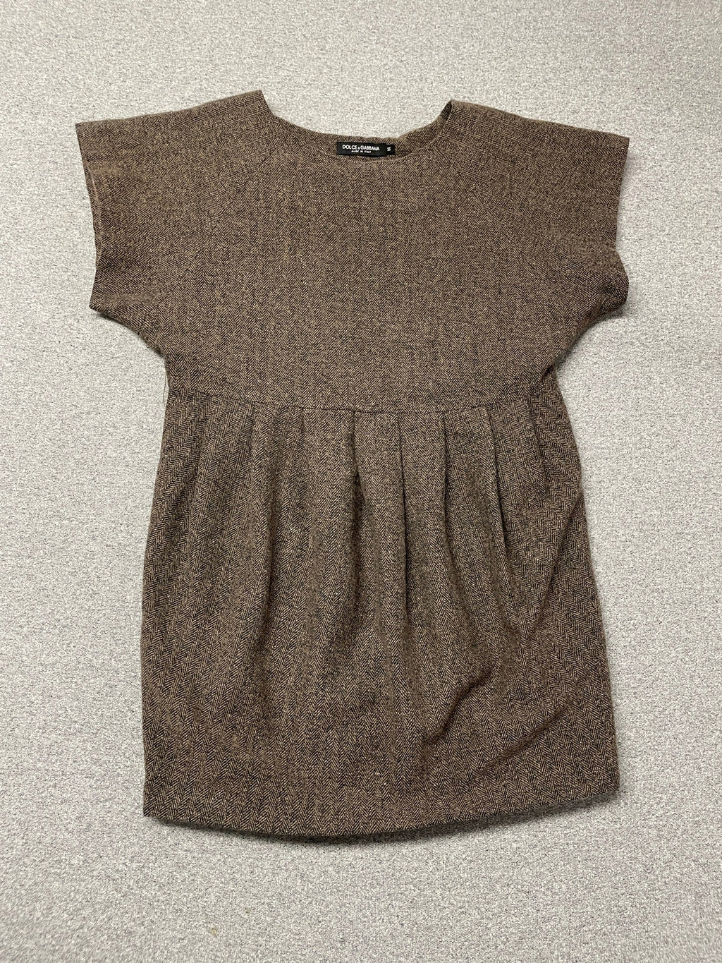 Vintage Dolce & Gabbana Brown Herringbone Wool Cap Sleeve Dress