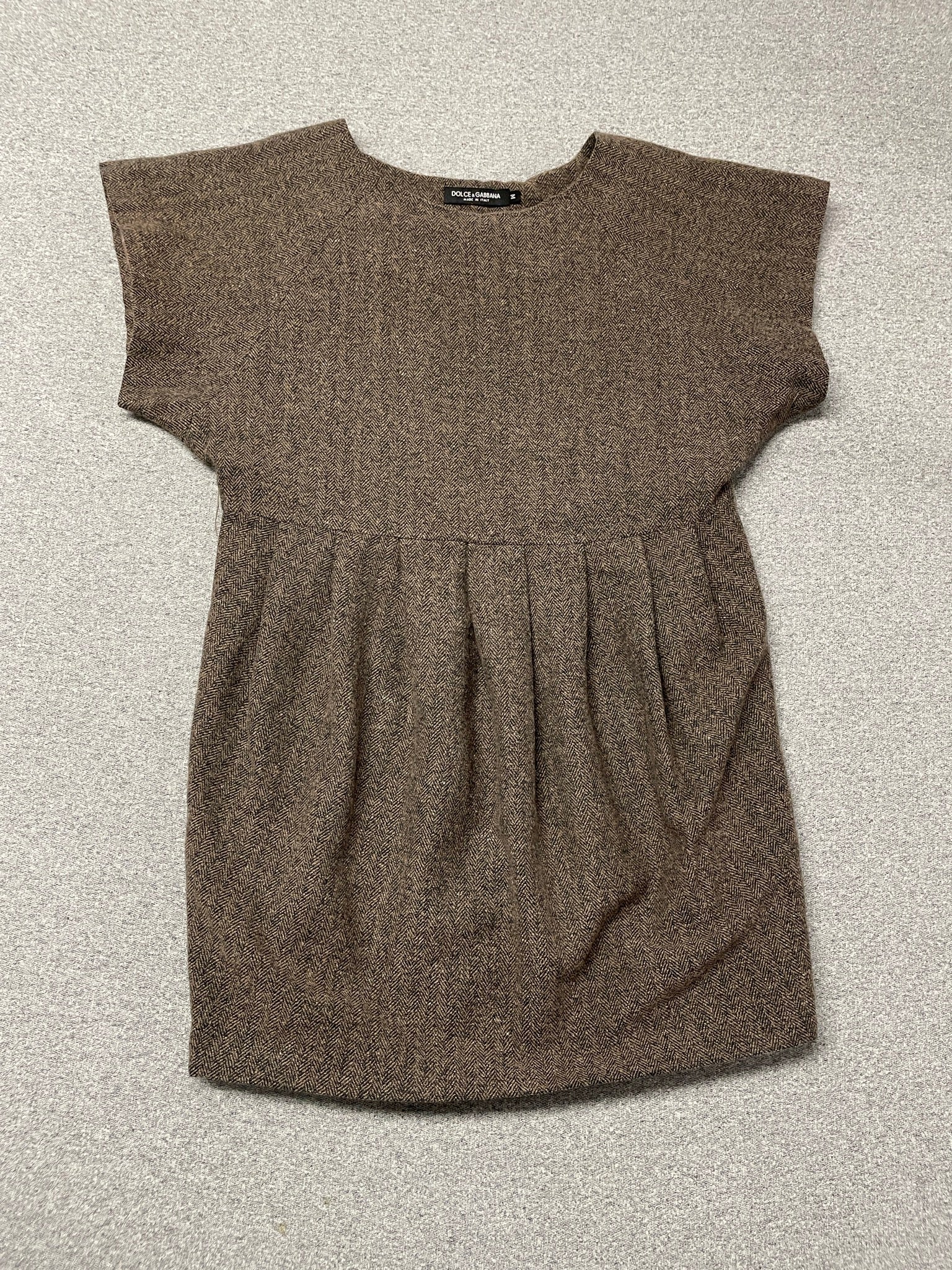 Vintage Dolce & Gabbana Brown Herringbone Wool Cap Sleeve Dress