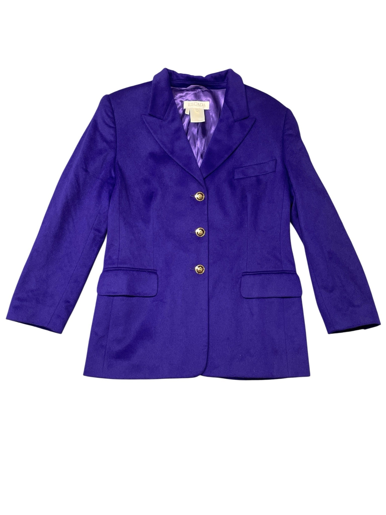 Vintage 80s Escada Purple Wool Blazer with Gold Crest Buttons