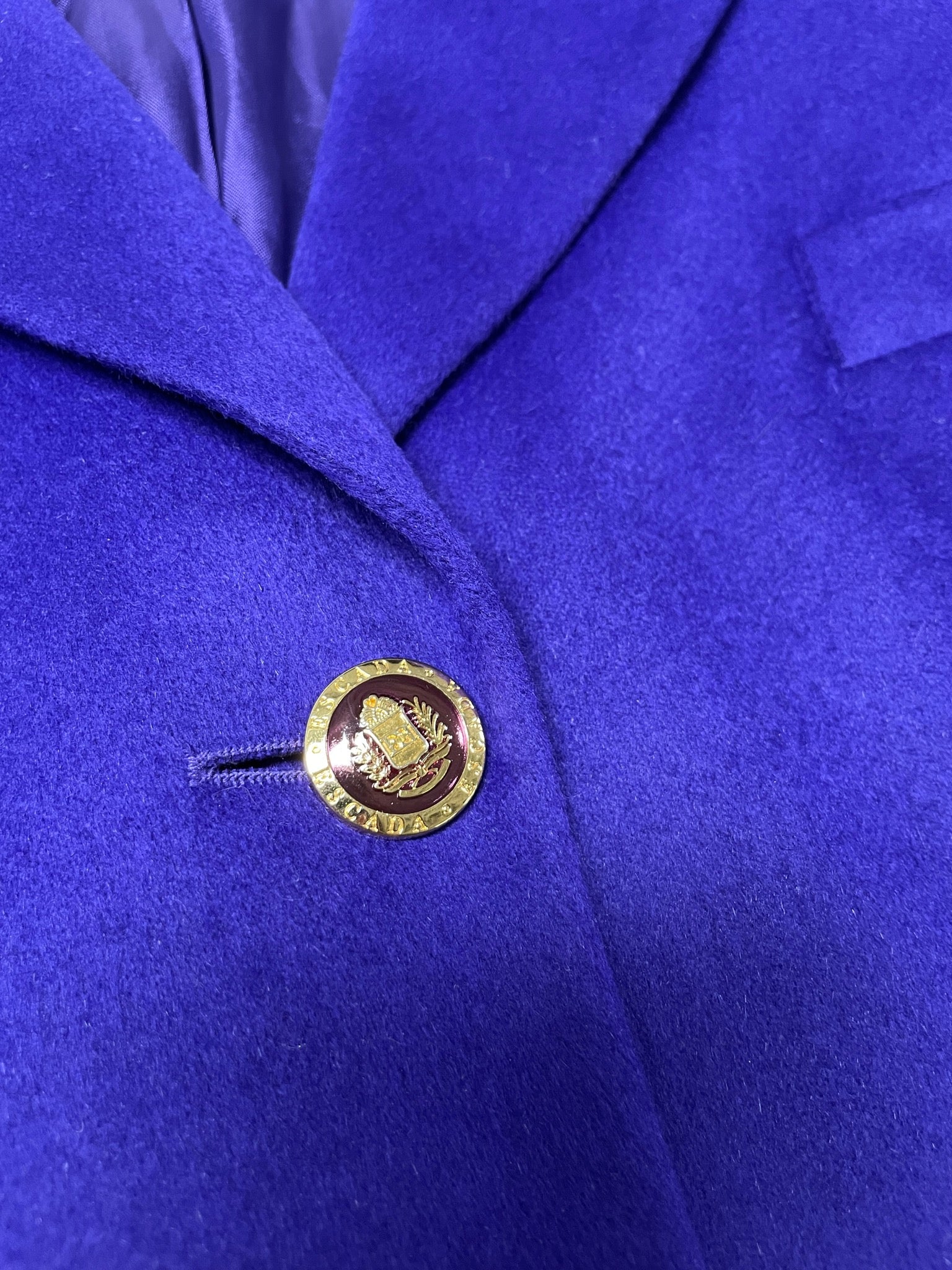 Vintage 80s Escada Purple Wool Blazer with Gold Crest Buttons