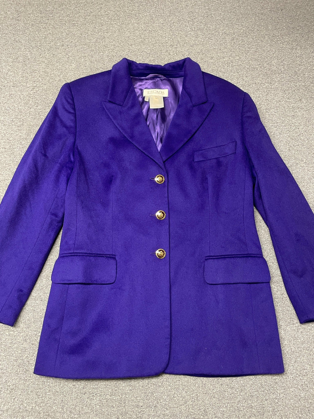 Vintage 80s Escada Purple Wool Blazer with Gold Crest Buttons