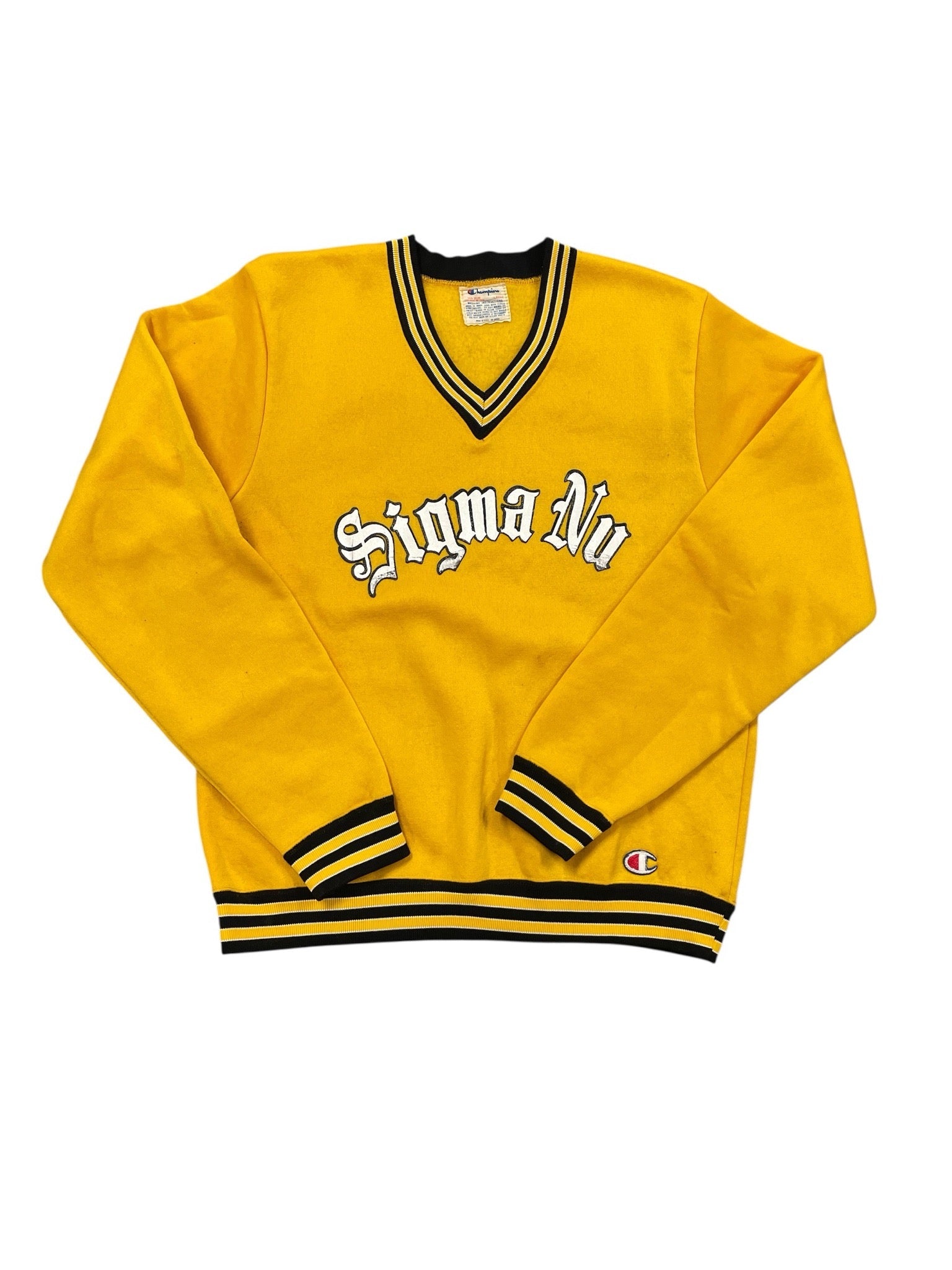 Vintage 80s Champion Sigma Nu Yellow V-Neck Varsity Sweater