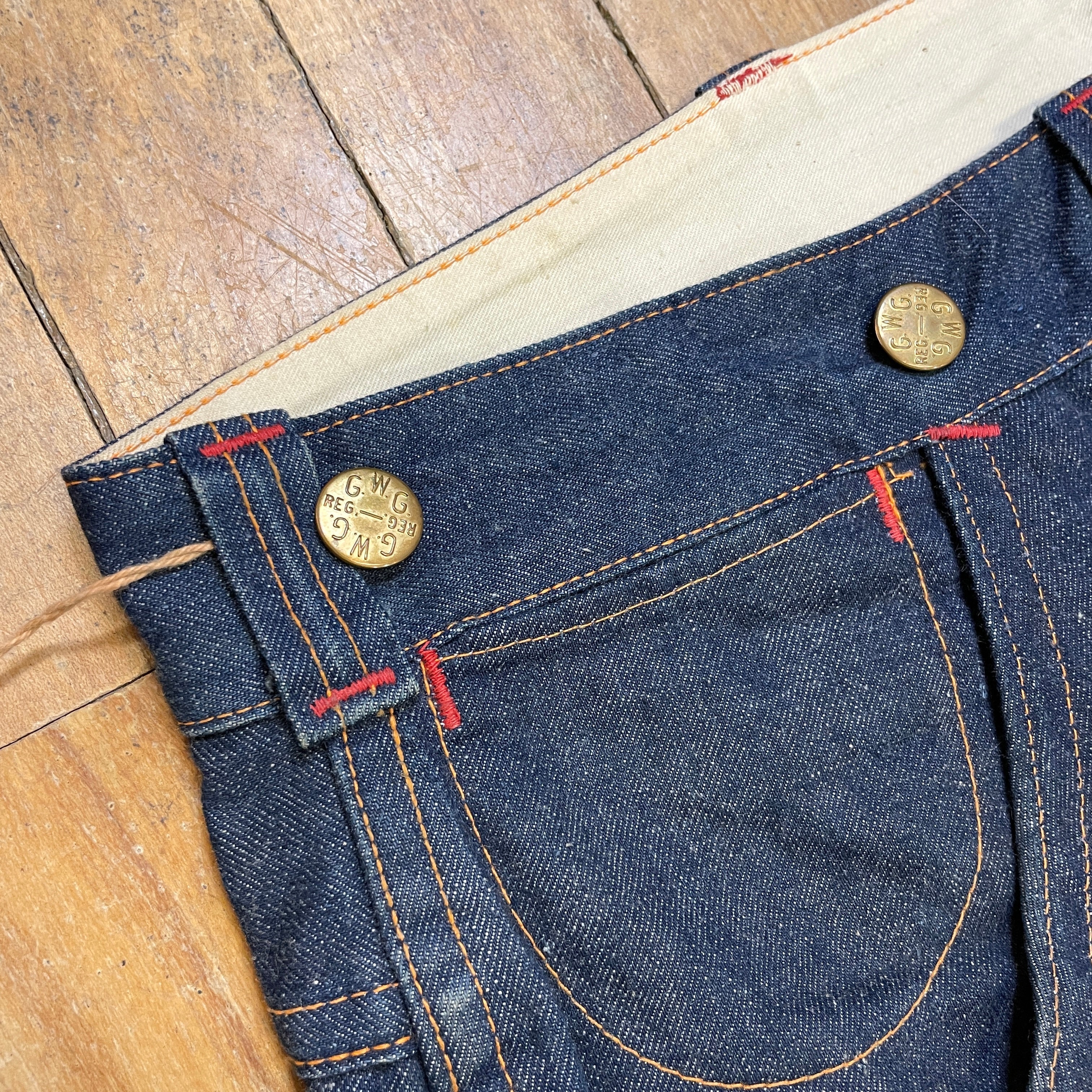 1950s GWG "Red Strap" Snobak Denim Union Made in Canada Vintage Worker Jeans Size 47" Bottoms Public Butter 