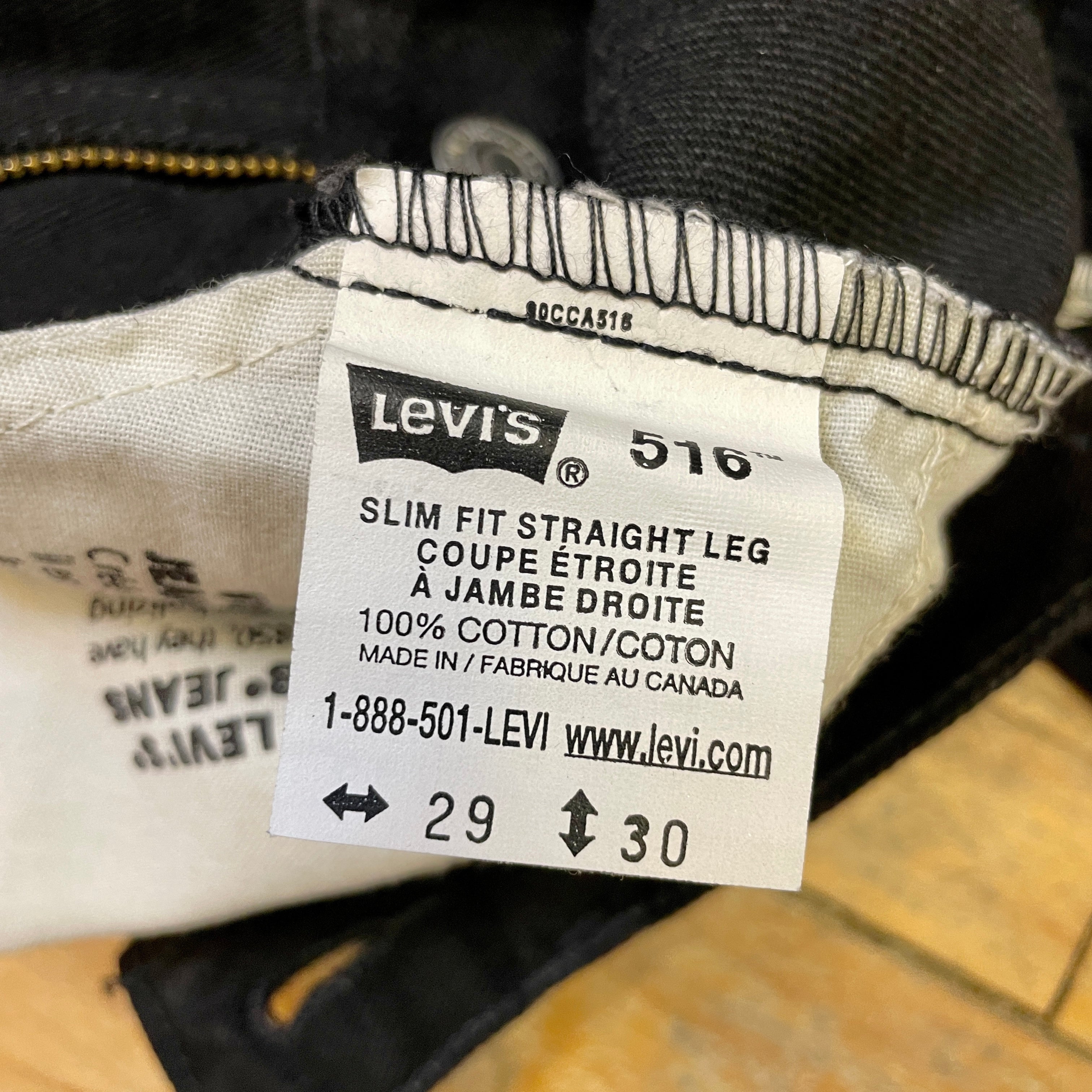 Deadstock Vintage Levi's Black 516 Slim Fit Straight Leg Denim Jeans Made in Canada 29" Waist Bottoms Public Butter 