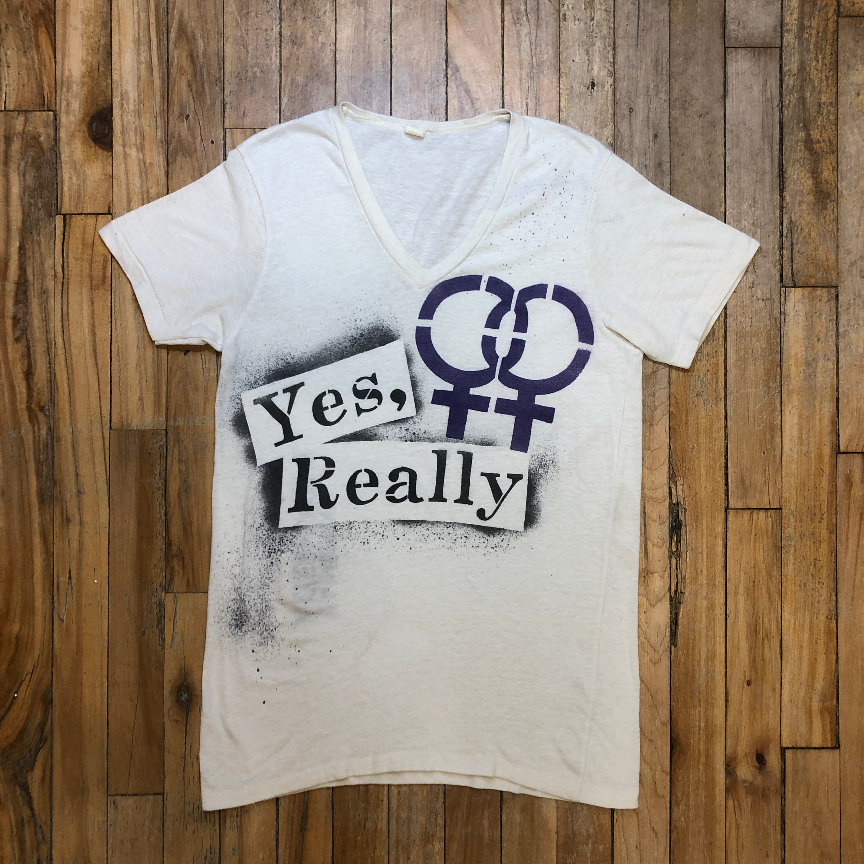 LGBT "Yes, Really" Rainbow Alternative Single Stitch Vintage Graphic V-Neck T-Shirt Size Small T-Shirts Public Butter 