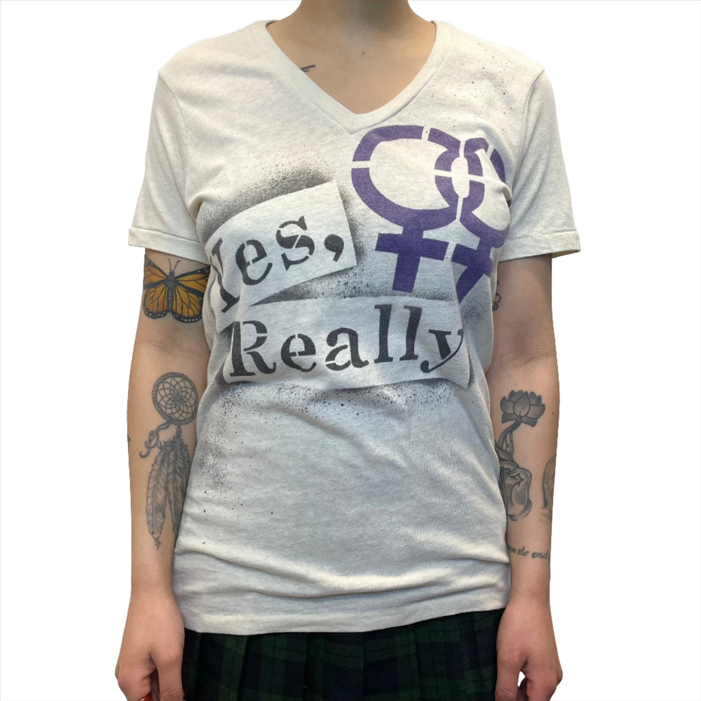 LGBT "Yes, Really" Rainbow Alternative Single Stitch Vintage Graphic V-Neck T-Shirt Size Small T-Shirts Public Butter 