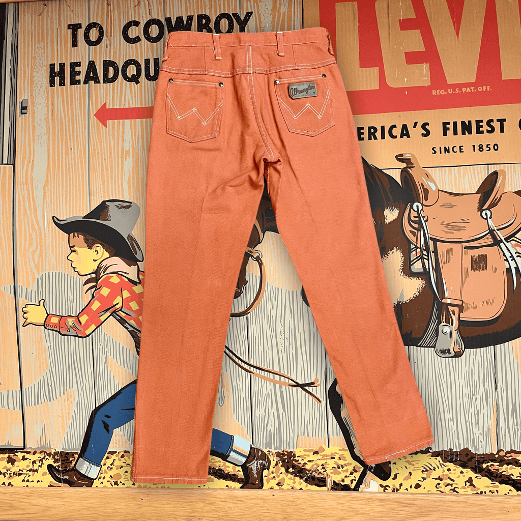 RARE 60s Wrangler Sanforized Blue Bell Made in Canada Creamsicle Coloured Twill Trousers with Pocket Rivets and Lightning Zipper Size 28" Bottoms Public Butter 