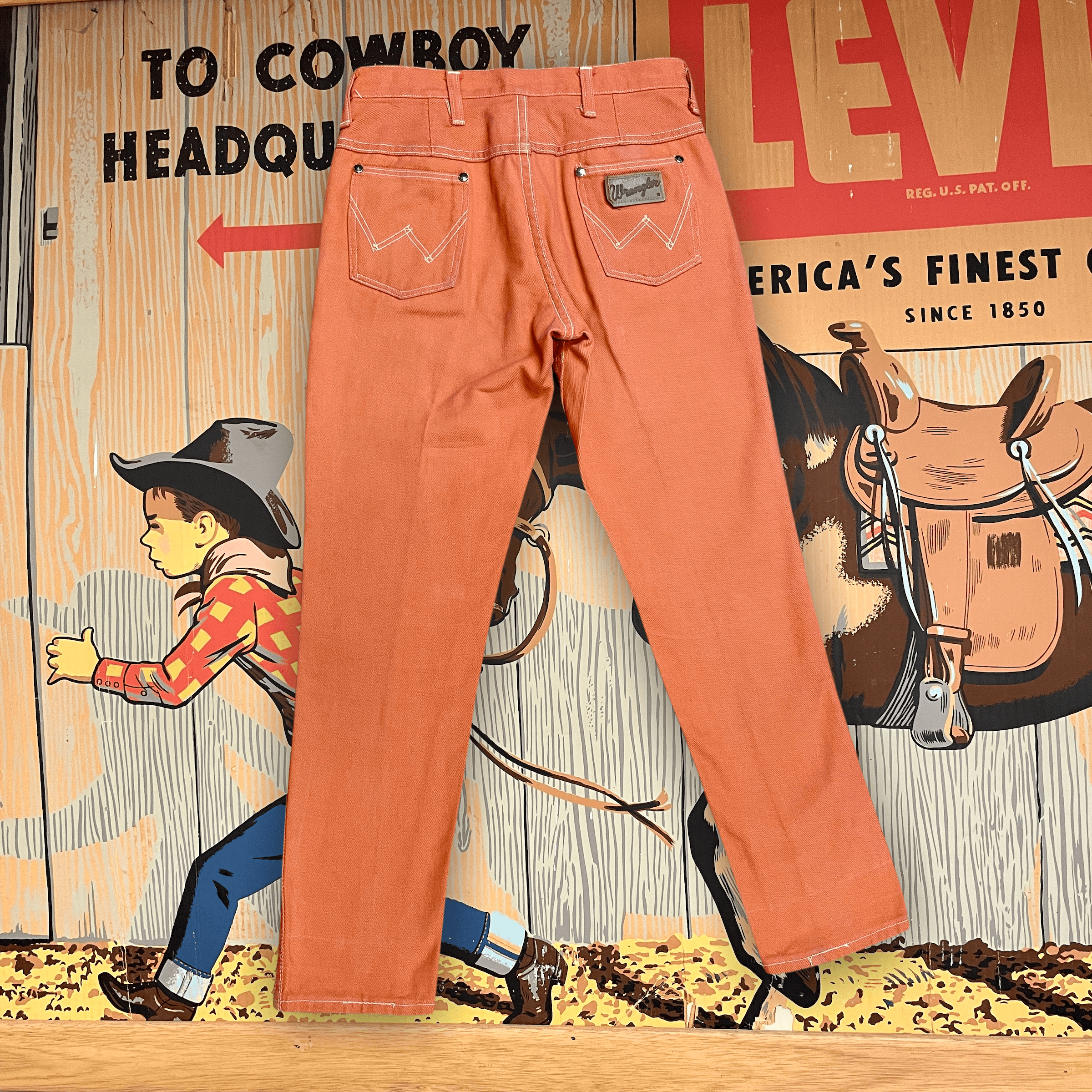 RARE 60s Wrangler Sanforized Blue Bell Made in Canada Creamsicle Coloured Twill Trousers with Pocket Rivets and Lightning Zipper Size 28" Bottoms Public Butter 