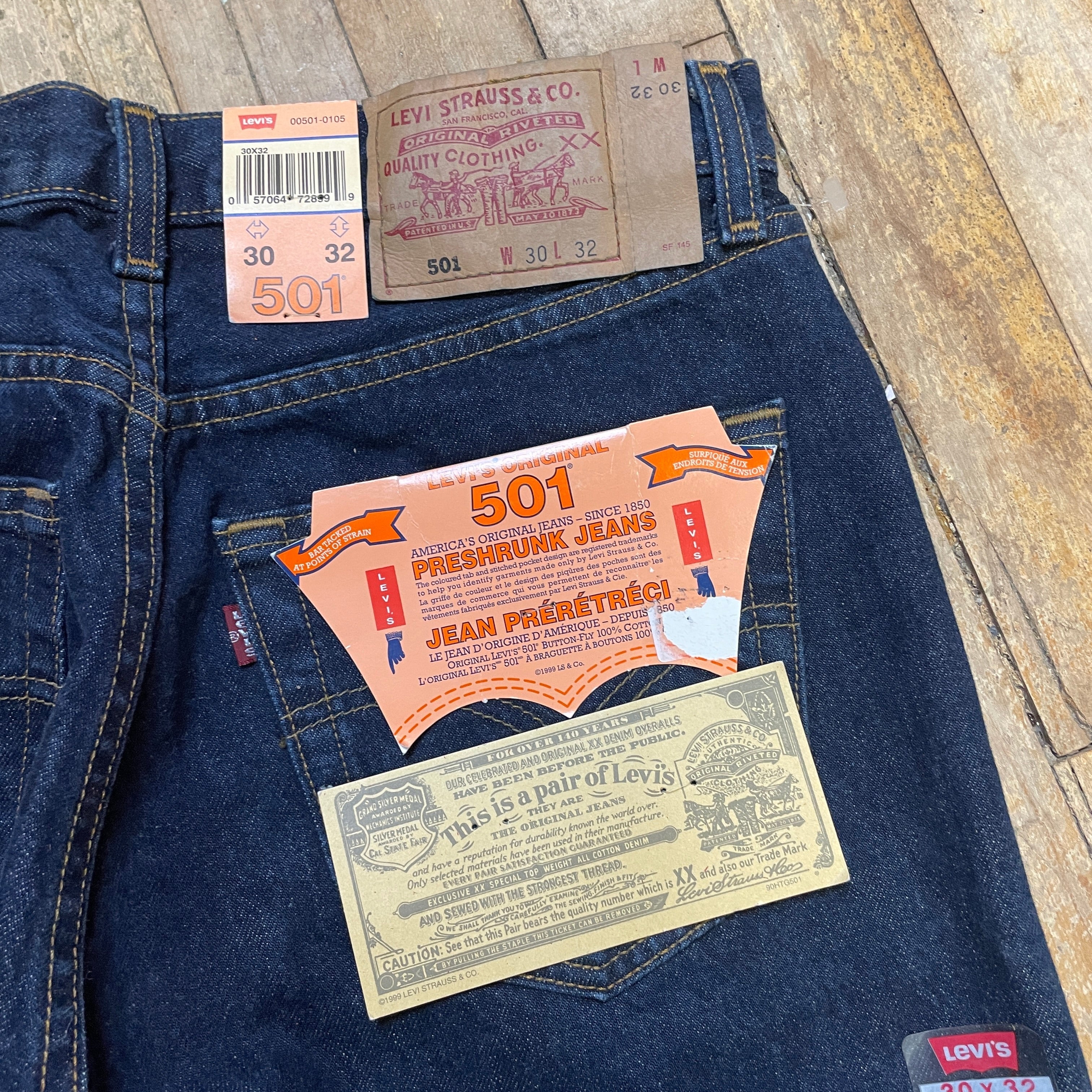 Vintage 1999 Deadstock Levi's Dark Wash 501s Made in Canada 30" Waist Bottoms Public Butter 