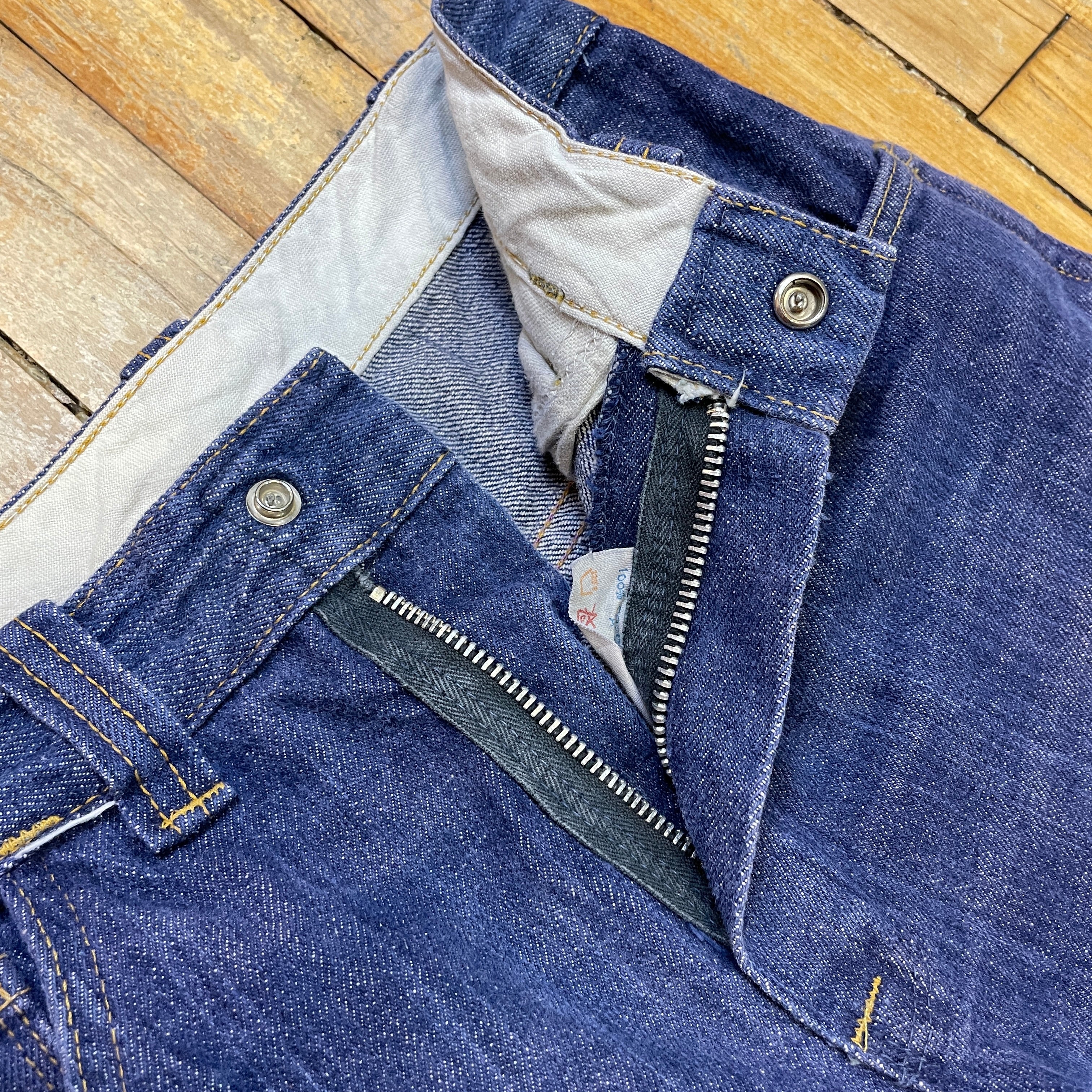 Vintage Mended Indigo Denim Boot Cut Jeans 28" Waist Bottoms Black Market Toronto 