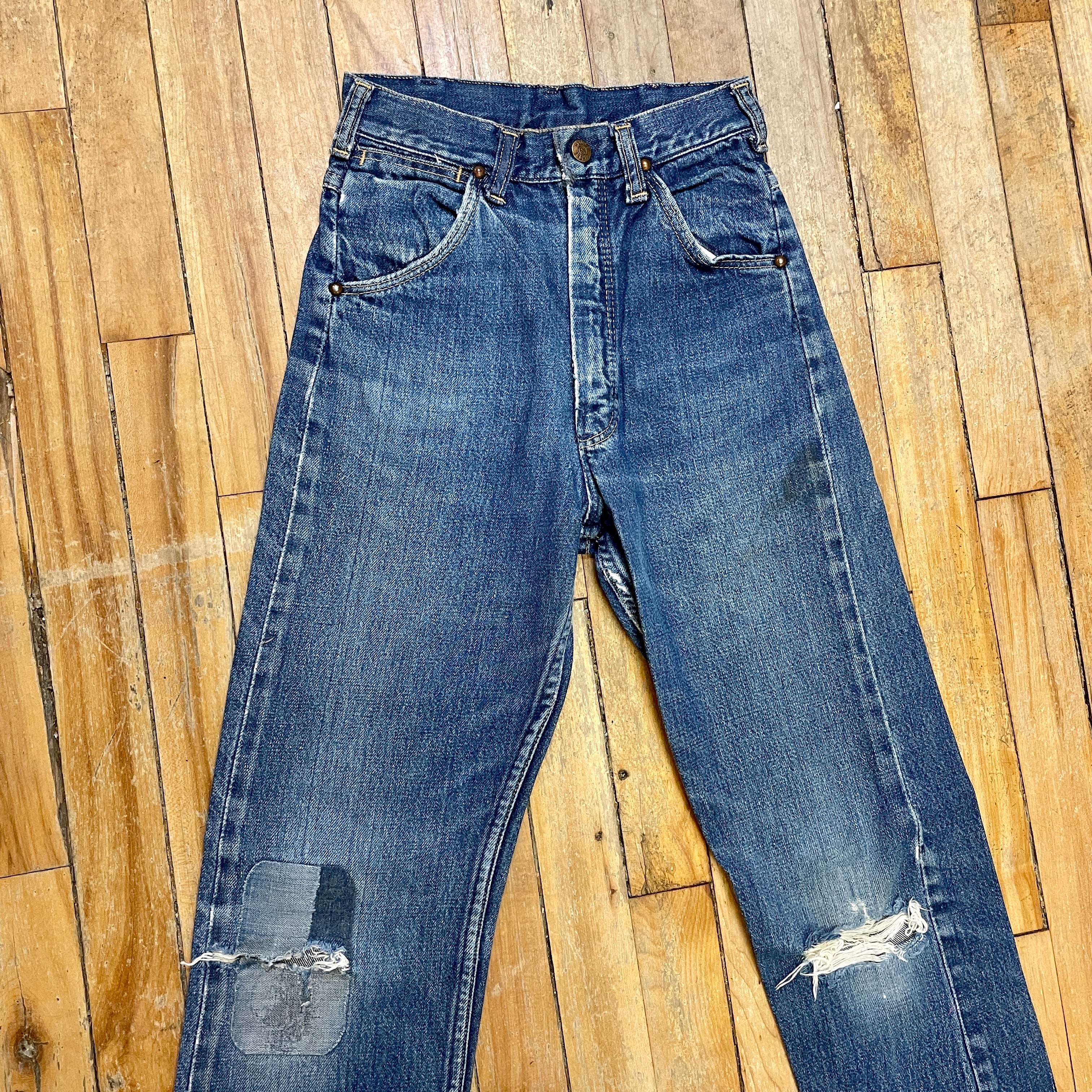 Vintage Mid-Century Patched Perfection Circle S High Waisted Ranch Selvedge Denim Jeans Petite/Youth 23" Waist Bottoms Public Butter 